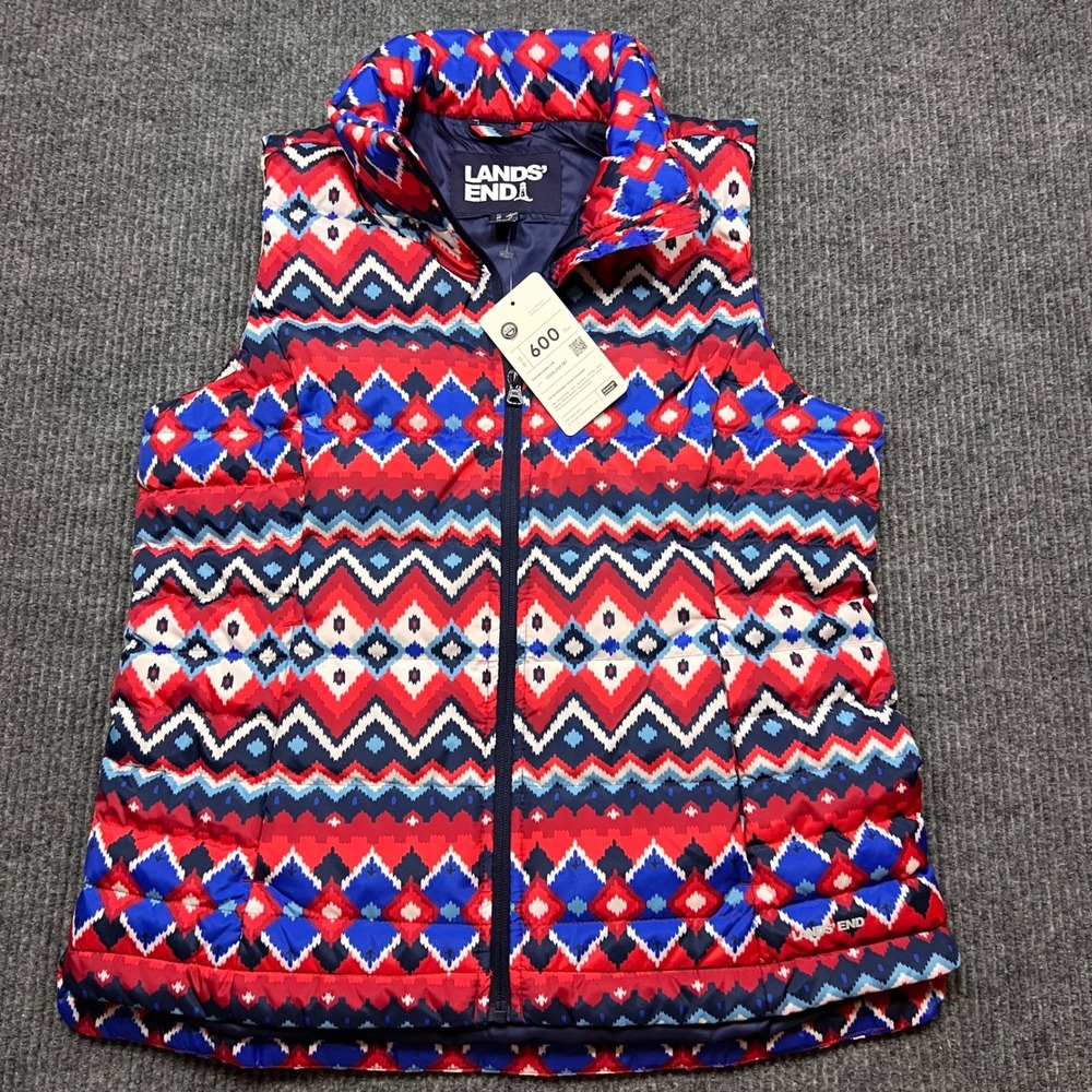 Lands End Womens 600 Down Puffer Vest Red Blue Fair Isle‎ USA Aztec medium New
